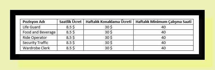 2. Pozisyonlar, saatlik ücretleri ve haftalık minimum çalışma saati :